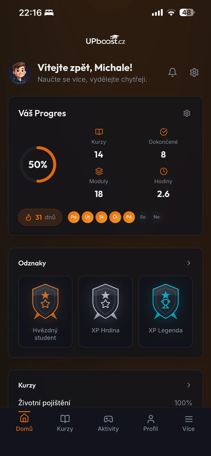 UPboost dashboard – XP, série a pokrok